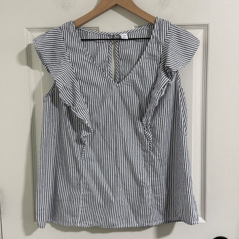Old Navy Blouse Womens Large White Gray Stripes Coastal Preppy Nautical Cottage
